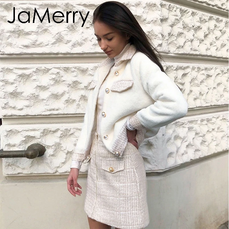 JaMerry, винтажный комплект из двух частей, твид, искусственный мех, женские комплекты, Осень-зима, юбка, костюм, наборы, пэчворк, однобортный, для офиса, женские костюмы