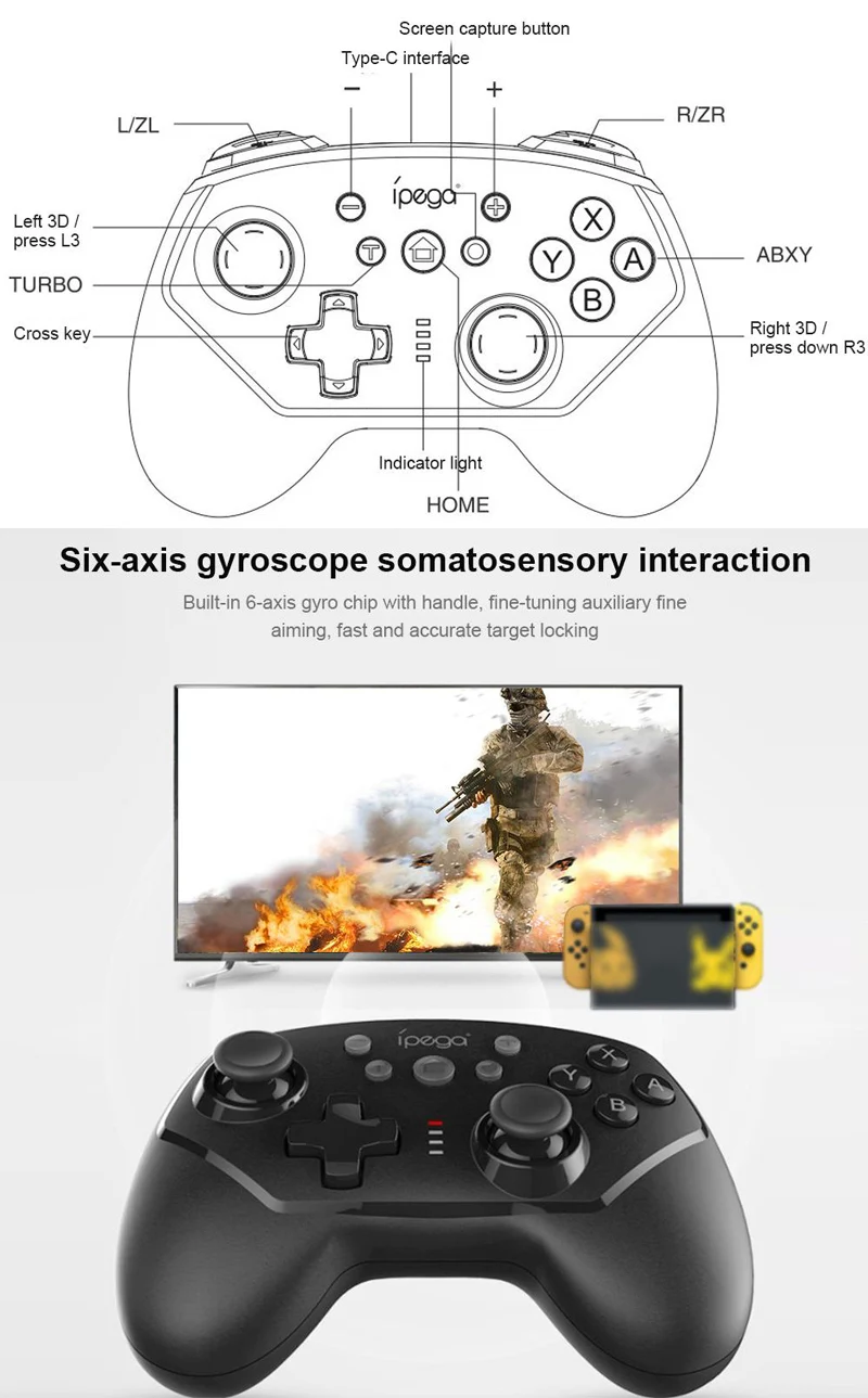 IPEGA PG-9162Y Мини Bluetooth игровой контроллер беспроводное проводное соединение поддерживает турбо 6-осевой гироскоп для N-Switch