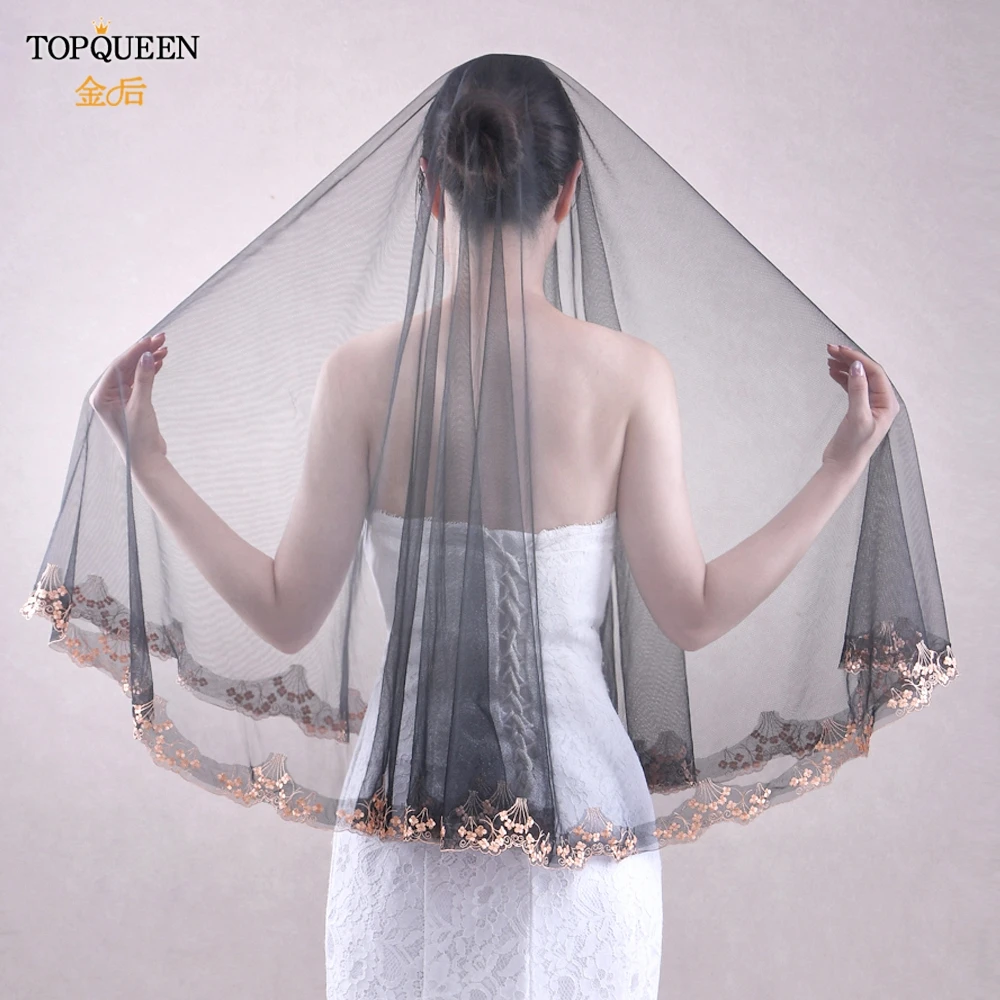 

TOPQUEEN V57 Bridal Veils Cover Front and Back Black Wedding Veil without Comb Lace French Gloden Sequin Wedding Accessories
