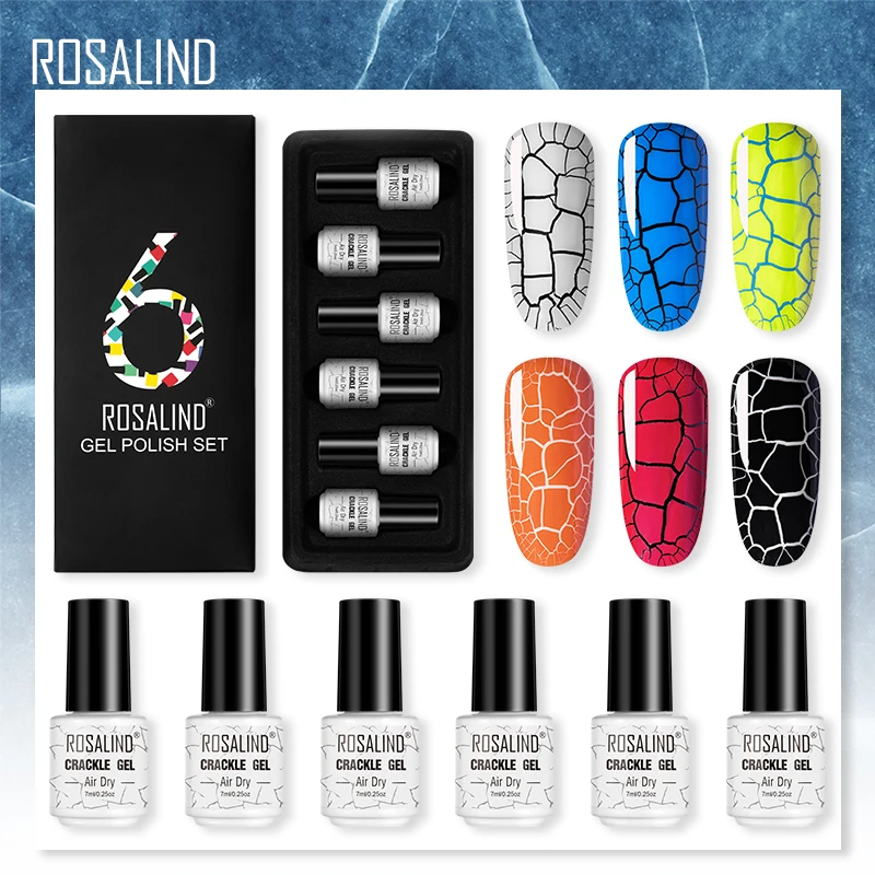 

ROSALIND Crackle Gel Set Nail Polish Air Dry Gel Varnishes All For Manicure Soak Off Semi Permanent Nail Art Need Base Top Coat