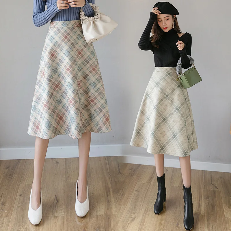 

2020 Autumn Winter Elegant Women Vintage Plaid Woolen Midi Skirts High Waist Retro Female A-Line Office Lady Skirt