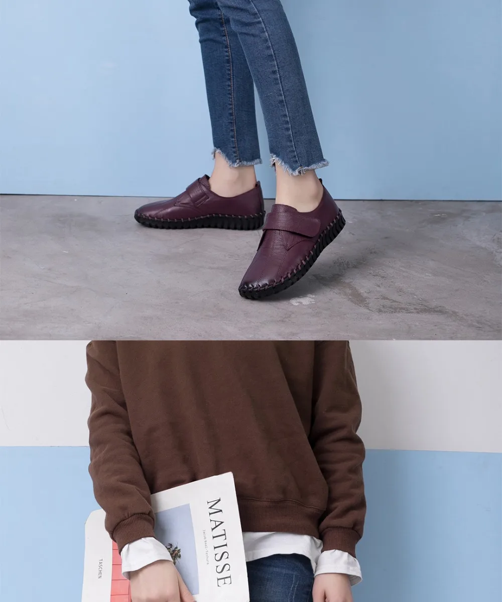 Spring Ladies Genuine Leather Handmade Shoes Women Hook&Loop Flat Shoes Women Autumn Soft Loafers Flats