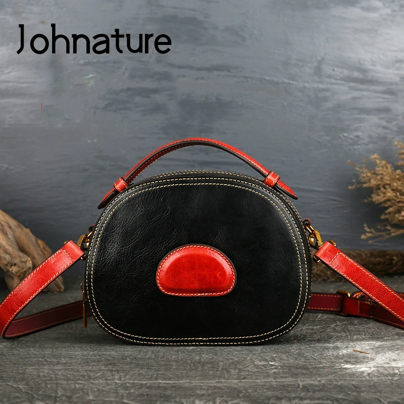 

Johnature 2021 New Women Shoulder Bags Retro Genuine Leather Handmade Handbag First Layer Cowhide Solid Color Crossbody Bags