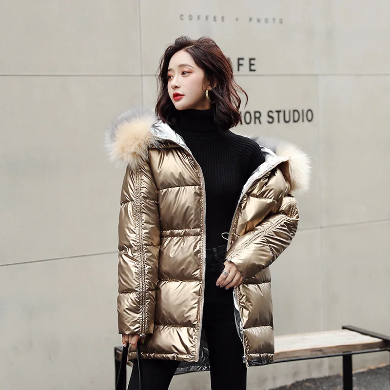 

Fashion Women Glossy Medium Long Silver Down Jackets Big Colorful Fur Collar Hooded Coat Parka Jacket Warm Womens Winter Jackets