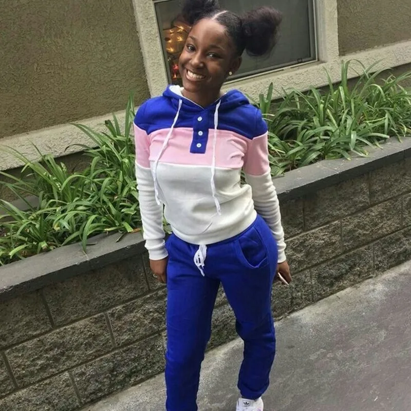 

Casual Sweatsuits for Women Winter Clothes Color Patchwork Hoodie Sweatshirt + Pants Set Thick Warm Two Piece Outfits Sportwear