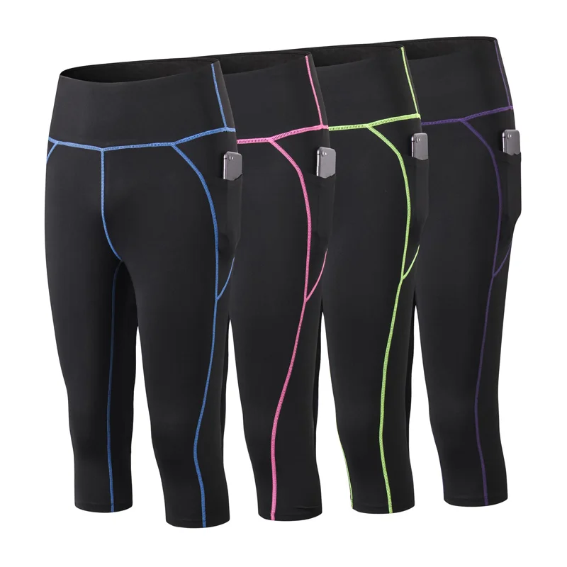 Новые штаны для йоги женские эластичные Капри с карманами летние спортивные бега