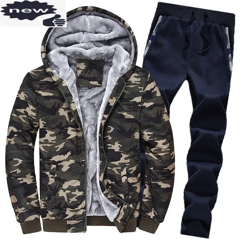 New Mens Winter Warm Fur Lining Tracksuit Casual Camouflage Printed Hooded Coat Full Length Sweatpants Sets Large Size Male Suit