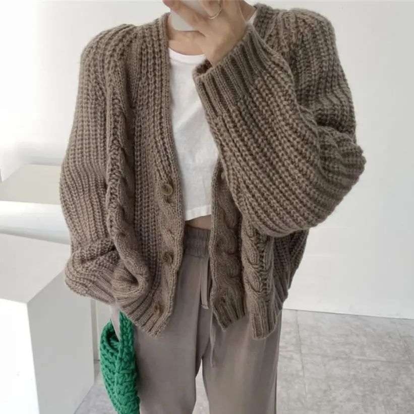 

Alien Kitty Thicken Knitted Cardigans Women Coats Solid Chic 2021 Lady High Quality All Match Loose Femme New Tops OL Sweaters