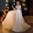 Новинка 2022 года, дизайнерское кружевное платье-трапеция с глубоким круглым вырезом и длинными рукавами, на пуговицах, свадебное платье из тюля, свадебные платья
