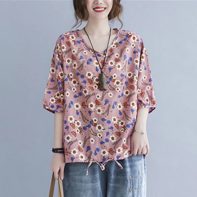 

Women Summer Loose Casual T-shirts New Arrival 2021 Vintage Style V-neck Floral Print Female Cotton Linen Tops Tees S3671