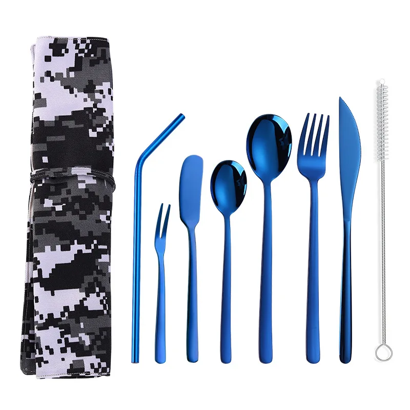 9 pcs blue Новинка, набор столовых приборов из нержавеющей стали, портативный набор столовых приборов, вилки для фруктов, столовые ножи, Набор Десертных ложек, металлическая соломинка, переносная сумка - Цвет: 9 pcs blue