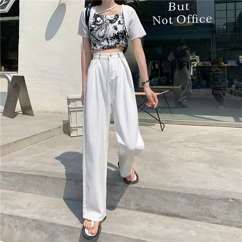 

YTX1015 Korean version of 2021 new high-waisted slim simple solid color wild wide-leg pants jeans