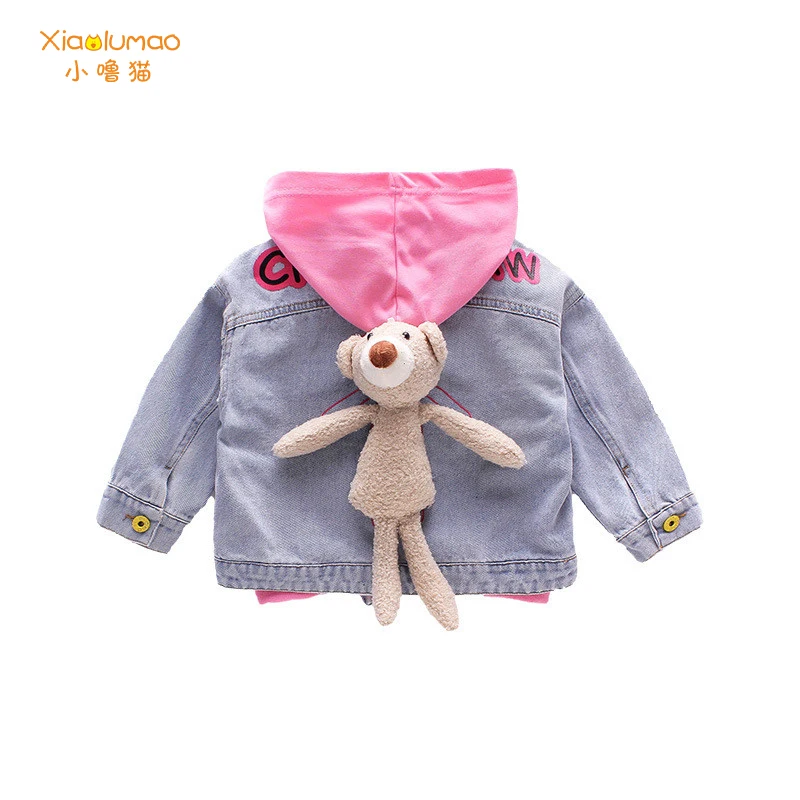 

Baby jeans jacket children's jackets autumn winter with bear toy hooded streetwear denim jacket girl 3-8Y cute Child coat