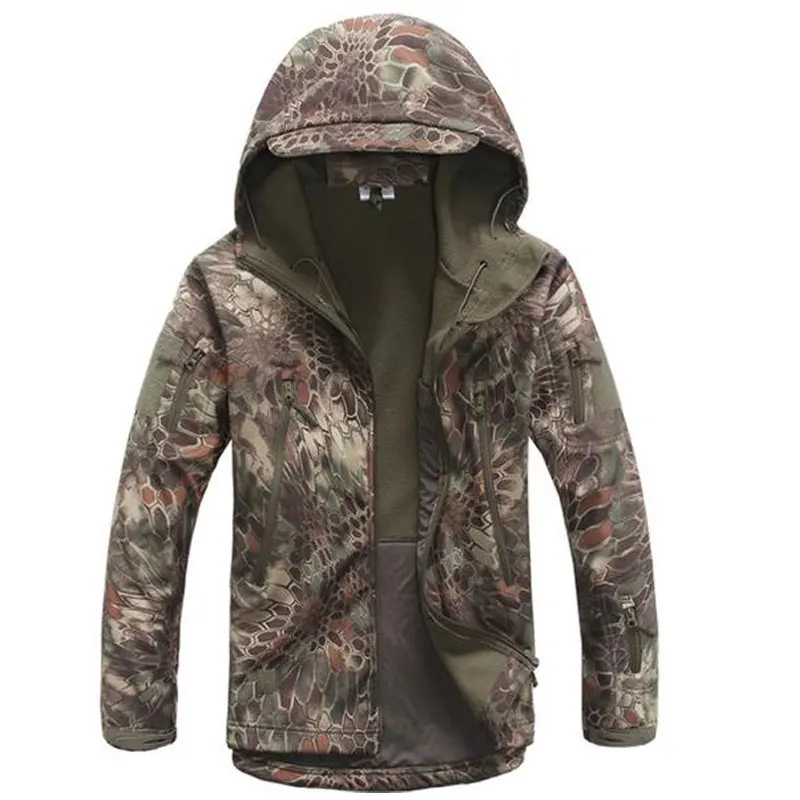 Green Snake Sharkskin софтшелл Куртки флис с капюшоном Камуфляж Топы корректирующие зима Охота Военная Униформа Снайпер одежда Ghillie костюм - Color: Green Snake