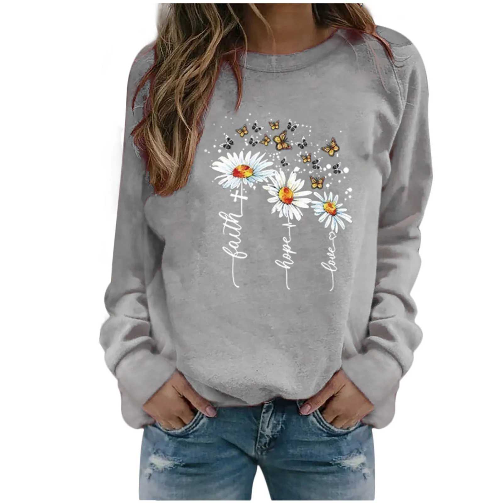 

Blusa Popular Style Blouse Womens Casual Solid Tops With Little Daisy Printing Sweatshirt Tee Sweater Chandail Pusero