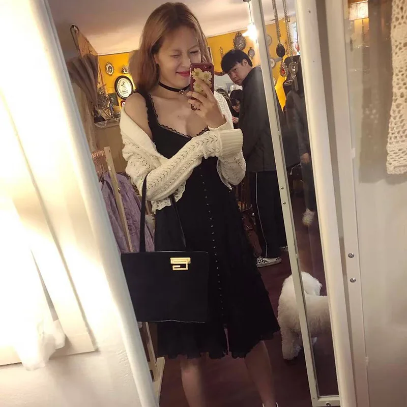 Kpop 4Minute Kim Hyun A same летнее модное черное сексуальное тонкое кружевное платье женское корейское уличная платье на бретельках женская одежда