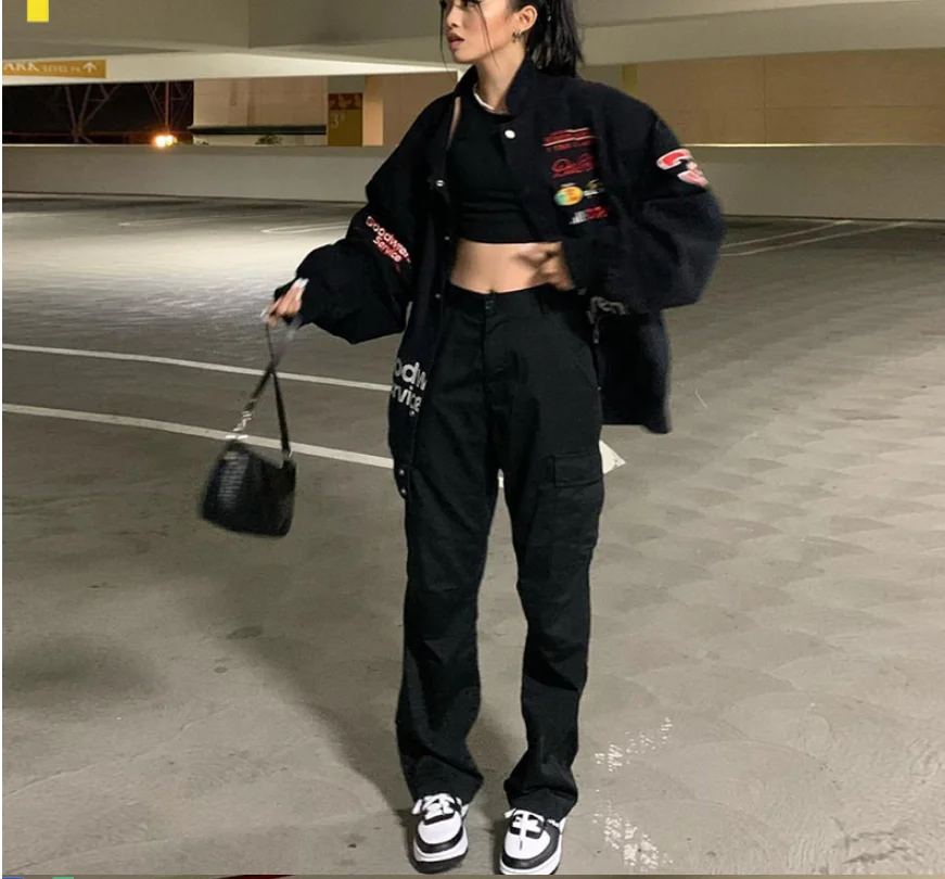 

Винтажная бейсбольная куртка с Вышивкой Букв, черная американская куртка с вышивкой, черная куртка с принтом, свободная верхняя одежда с дл...