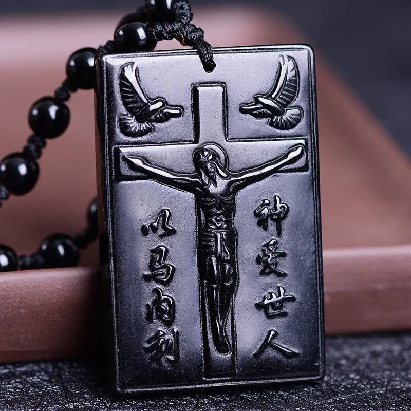 Натуральный черный обсидиан бусы ожерелье ручной работы Иисуса христианства