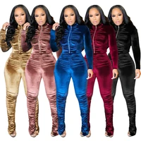 velvet tracksuit women two piece stacked sweatsuit ruched pants zip up jacket female streetwear jogger activewear bodycon outfit