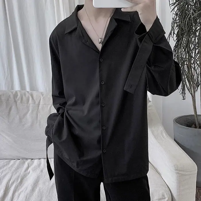 Черная рубашка Женская однотонная свободная с длинным рукавом модная винтажная