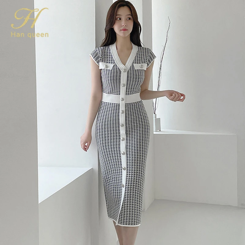 

Летнее женское пикантное однобортное трикотажное платье H Han Queen, облегающие платья-карандаш, вечернее праздничное эластичное трикотажное п...