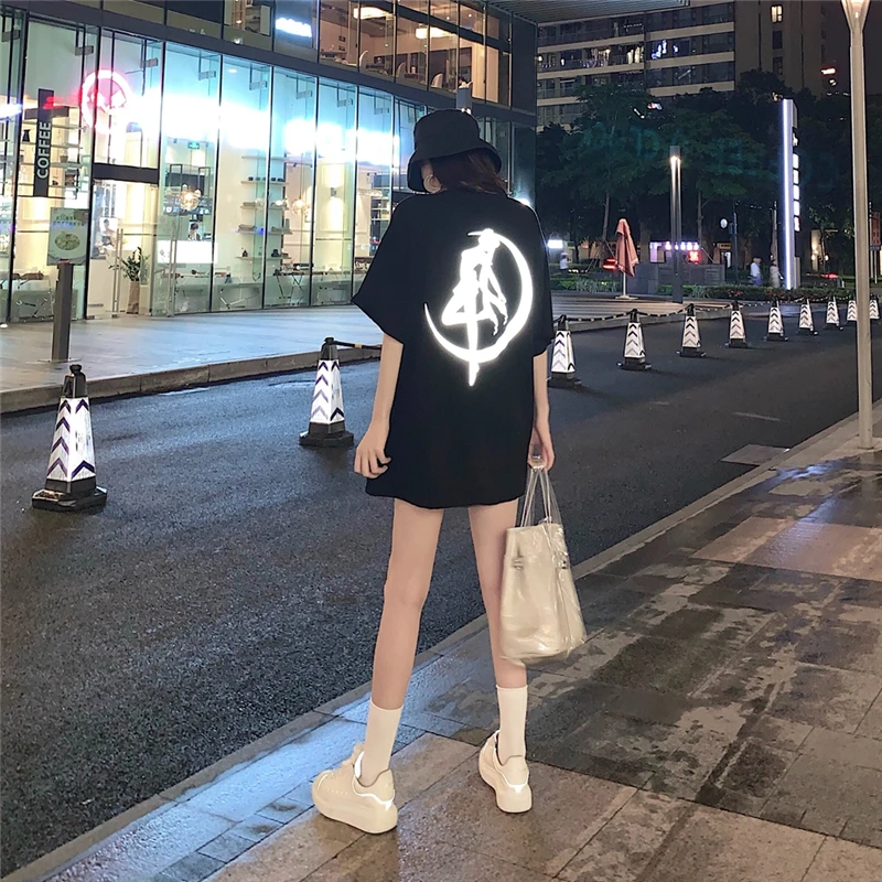 

2020 Свободная Женская Футболка Harajuku с коротким рукавом, летняя женская футболка в японском стиле, светоотражающая повседневная одежда, топы