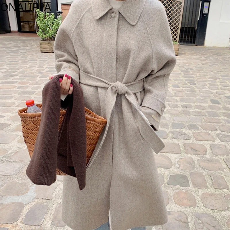 

Onalippa 2021 Women Autumn Winter Elegant French Retro Lapel Herringbone Pattern Bandage Waist Over The Knee Long Woolen Coat