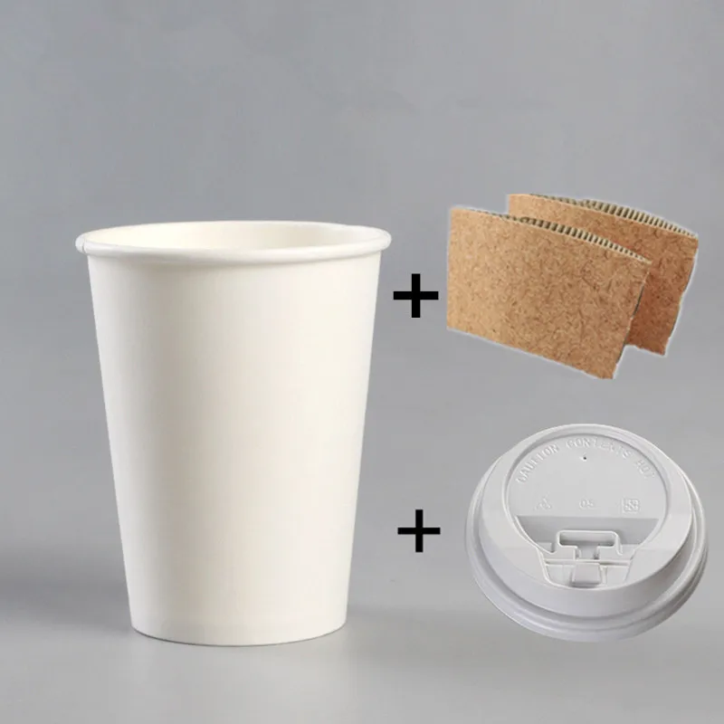 cup lid sleeves1 50 шт. Высококачественная Белая одноразовая кофейная чашка холодный горячий напиток на вынос Комплект бумажных стаканов с крышкой и крафт-бумажный рукав - Цвет: cup lid sleeves1