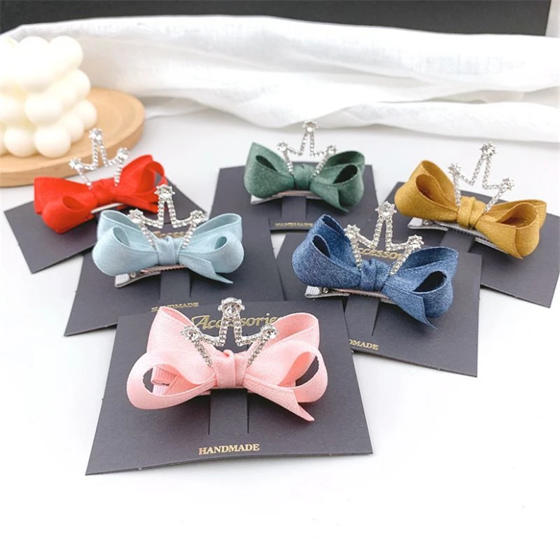 

5pcs/Lot 2021 New Girls Hair Clip Shiny Crown Rhinestone Princess Hairpins Kids Ribbon Bow Barrettes Party Hair Accessories