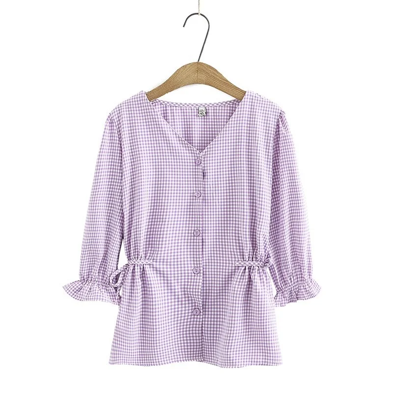 

Plus Size 2XL-6XL Plaid V-neck Tops Women's 3/4 Sleeve OL Blouse Oversized Spring Summer Ladies' Elegant Button Up Blusas