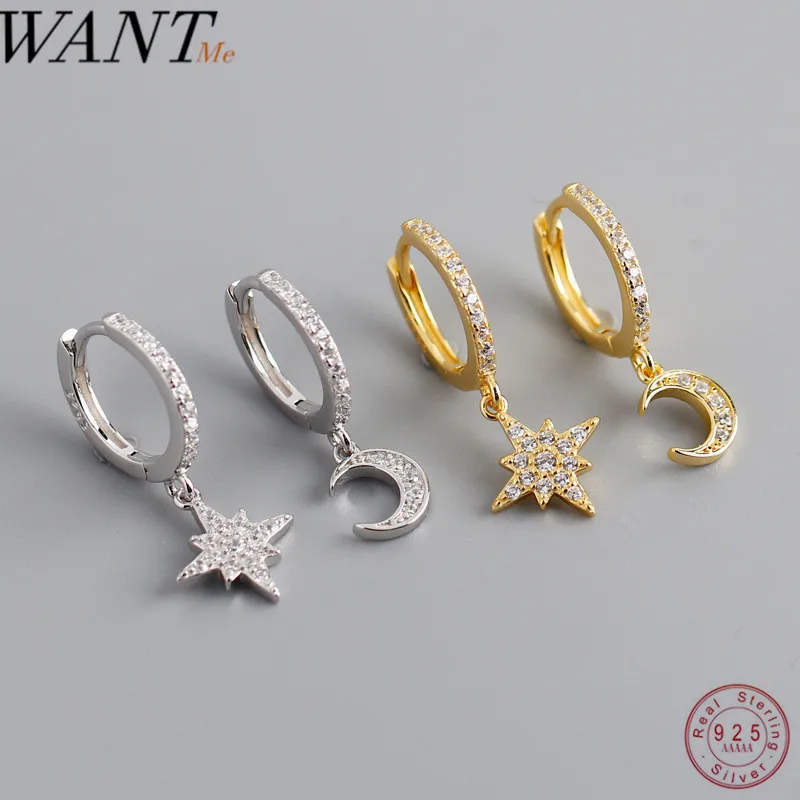 

Женские серьги-гвоздики WANTME из серебра 100% пробы с инкрустированным фианитом в виде звезды и луны, ювелирные изделия для вечеринки и свадьбы,...