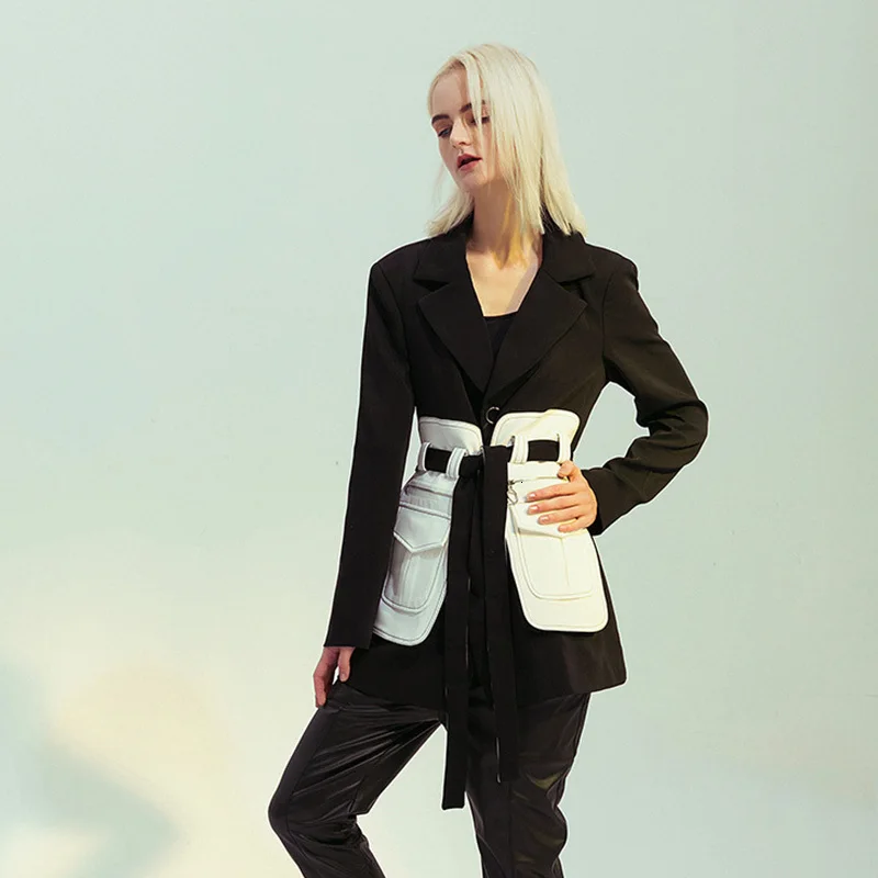 

High Waist Lace Up Coats Female Fashion 2020 Tide Patchwork Hit Color Jackets For Women Notched Collar Long Sleeve