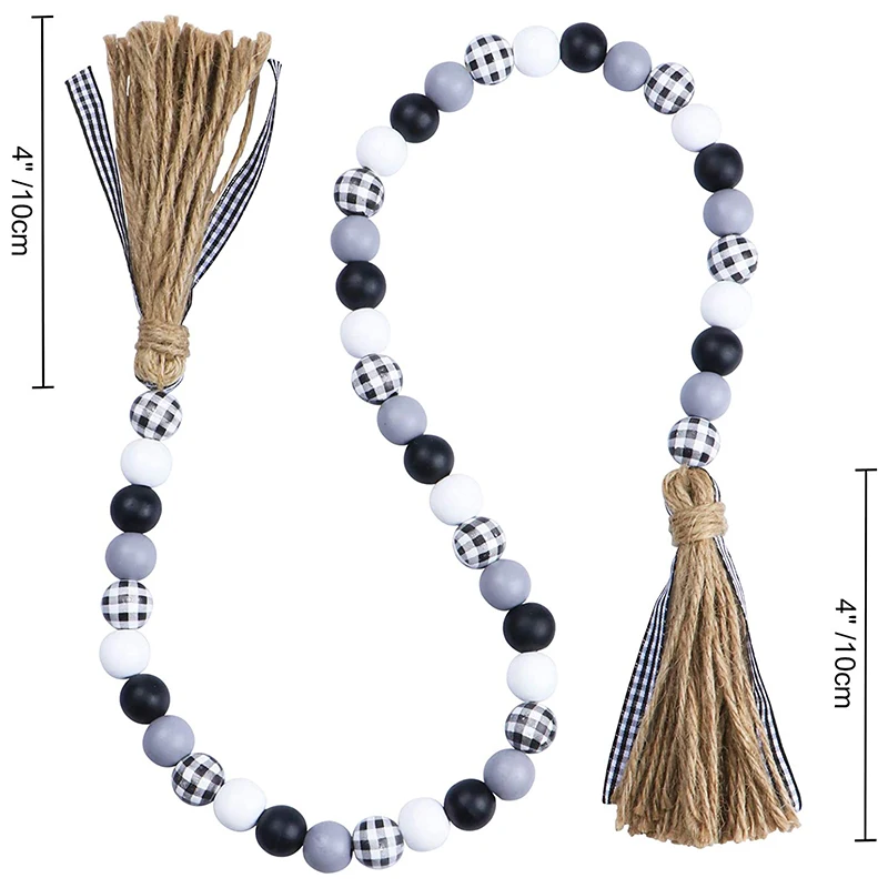 

Farmhouse Wood Bead Garland, Rustic Black White Grey and Plaid Wooden Bead Garland with Jute Rope Buffalo Plaid Ribbon