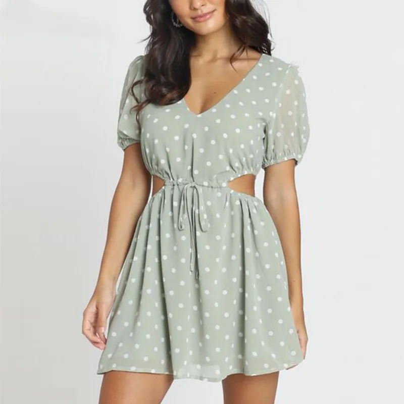 

DICLOUD Polka Dot Green Summer Dress Chiffon Sexy Hollow Out Drawstring Waist Mini Day Dress Party Holiday Outfit 2020 Fashion
