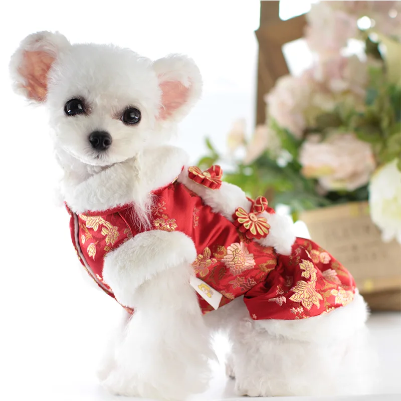 

Китайская Новогодняя одежда для собак, зимнее платье для кошек и собак, костюм Тан, Ципао для весеннего фестиваля, искусственное пальто, нар...