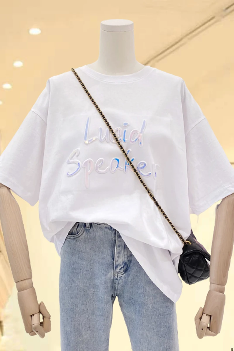 

Summer New Cotton White Short-Sleeved T-shirt for Women Crew Neck Casual Letters Fashionable Stylish Breathable Harajuku Tops