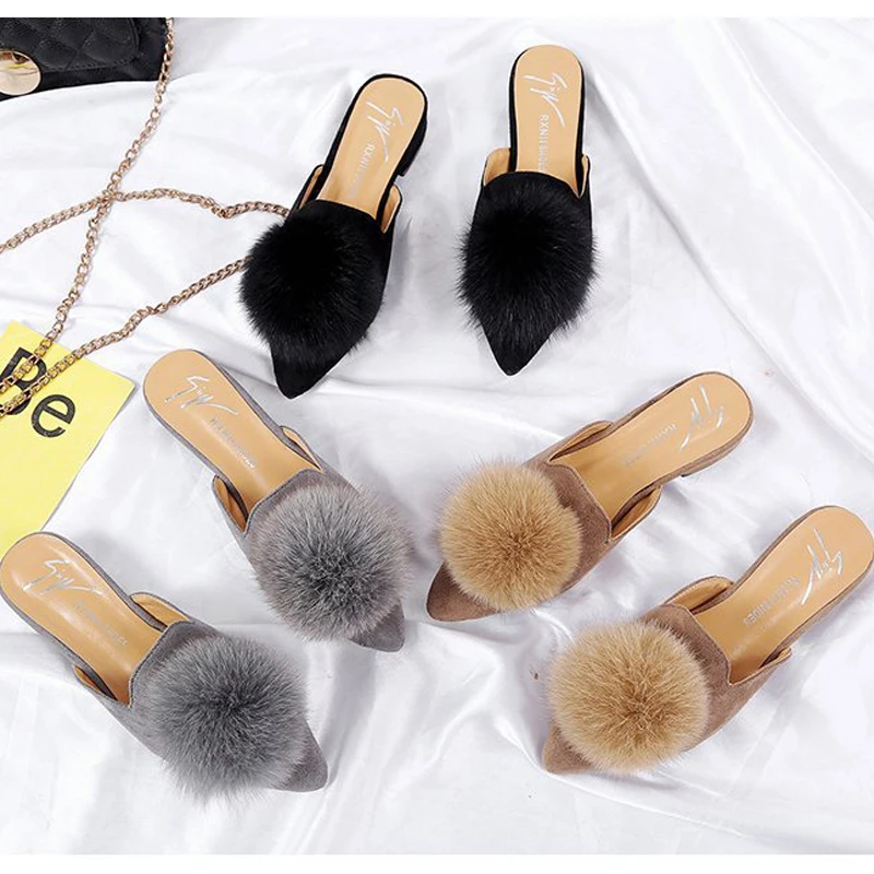 Мюли женские летние Осенние милые меховые шлепанцы квадратные искусственные