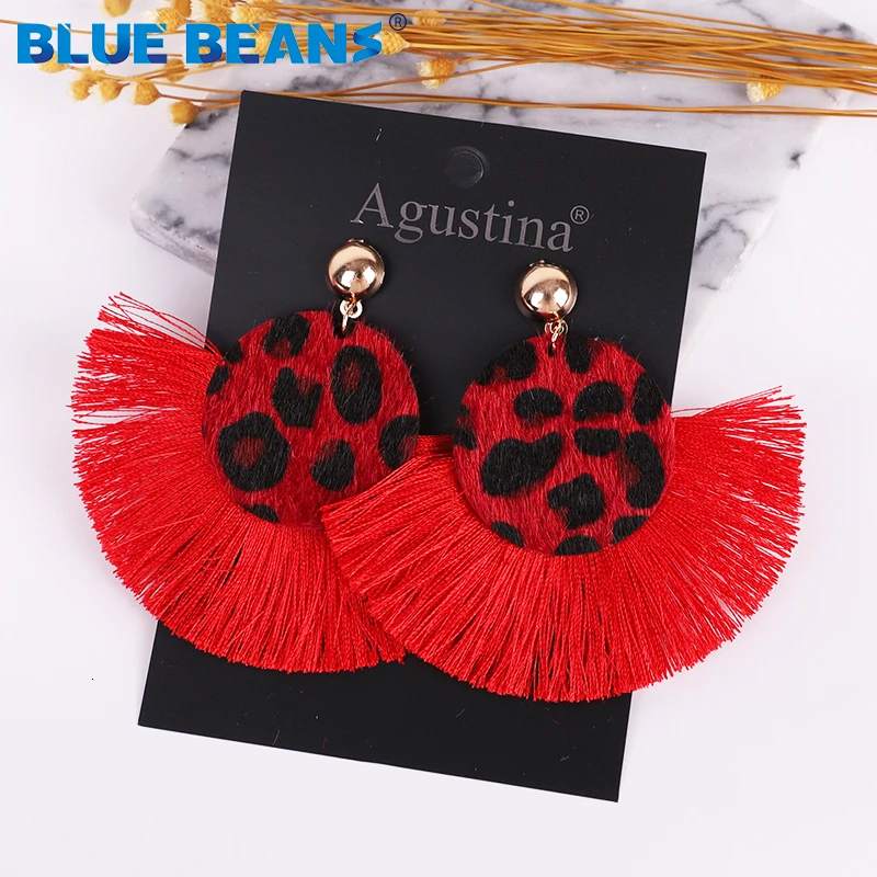 Женские богемные серьги с большими кисточками Длинные круглые леопардовые