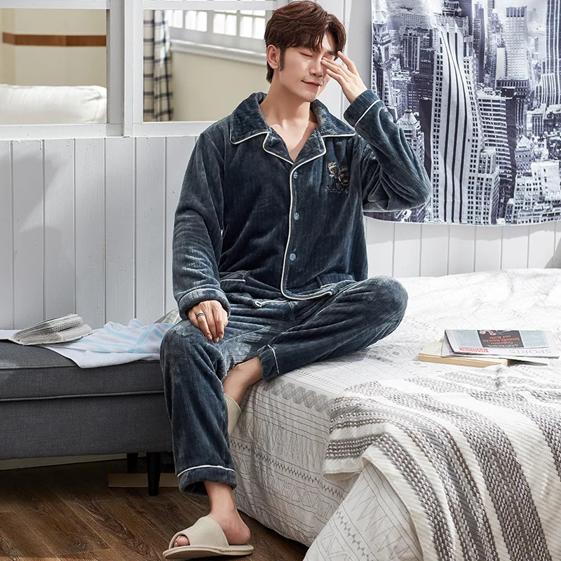 M-5XL Men'S Winter Coral Fleece Plus  Thickening Warm Flannel Homewear Pajama Set