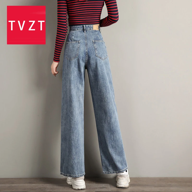

TVZT 2020 New High Waist Jeans For Women Denim Wide Leg Mom Jeans Trousers Women Casual Pants Elasticity Denim Wide Leg Pants
