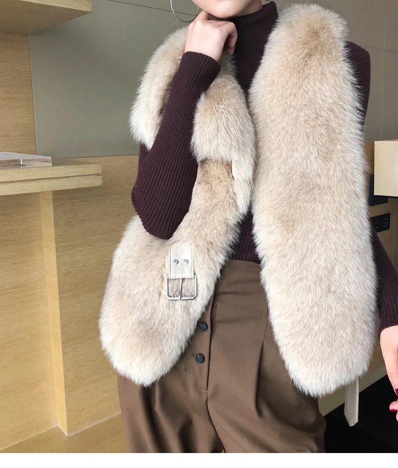OFTBUY жилет из натурального Лисьего меха Повседневная женская зимняя безрукавка v-образный вырез пальто из натурального меха толстый теплый пояс уличная верхняя одежда