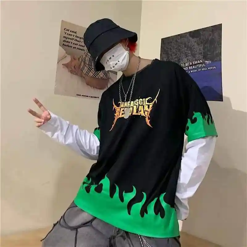 Черный NiceMix Harajuku футболка с принтом пламени 2 шт. Лоскутная Повседневная футболка с длинными рукавами для женщин и мужчин Уличная одежда Топы - Цвет: Черный