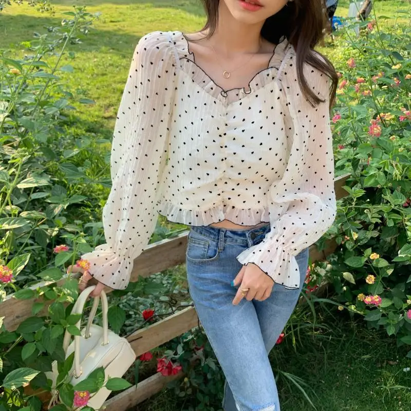 

Deeptown Off Shoulder Chiffon Blouse Women Polka Dot Print Shirt Korean 2021 Fashion Cute Ruffle Crop Top Y2k Elegant Vintage