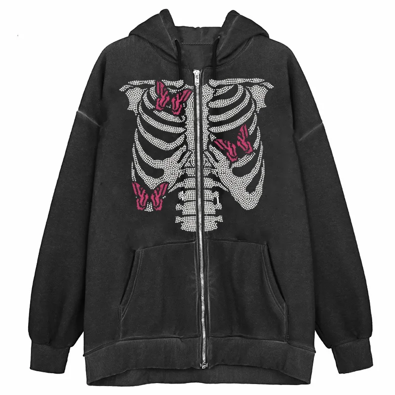 

Gothic Clothing Hip-hop Street Butterfly Skull Rhinestone Oversized Hoodie Women Y2K Trend Fashion Loose Zipper Sweatshirt Women