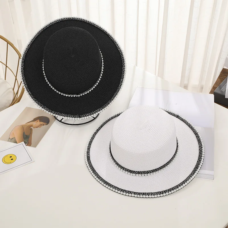 

New Summer Women Hats Visor Fitted Hat Brim Jazz Travel England Elegant Pearl Beach Caps Straw Hat Female Casual Panama Sun Hat