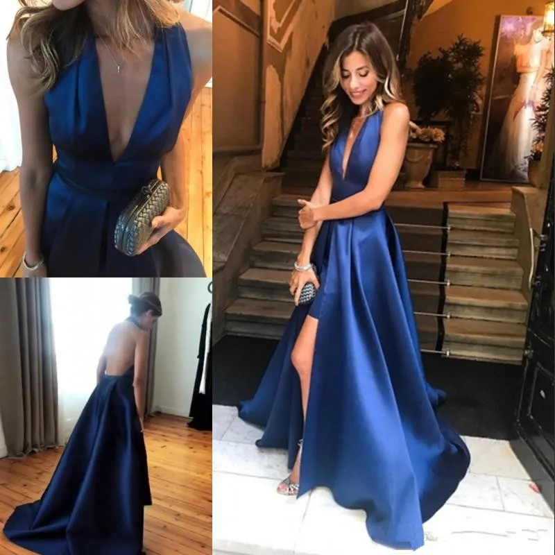 

Pleats Halter Neck Prom Dresses Sexy Front Split Sleeveless Evening Dress New Arrival Cheap Long Formal evening gown A-Line