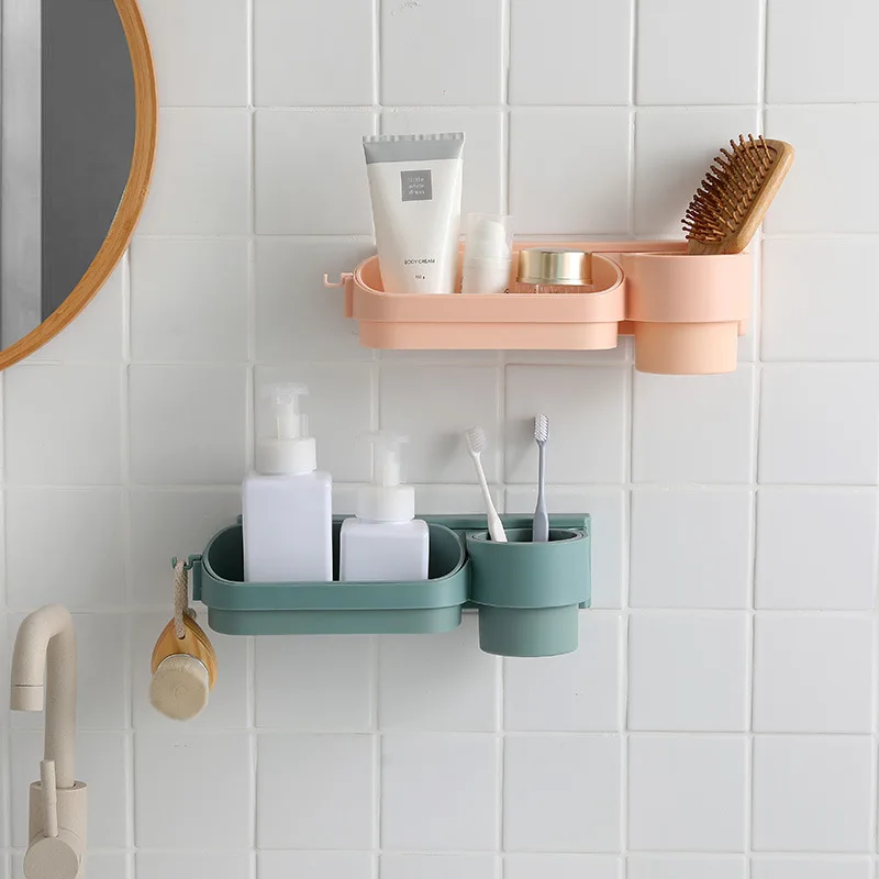 

Plastic Bathroom Organizer Wall Mounted Multifunctional Hairdryer Rack Free Of Punch Toothbrush Holder Soap Box Storage Rack