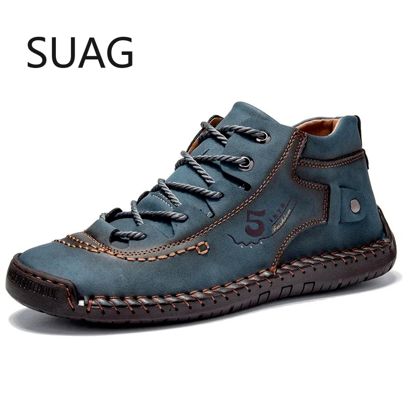 

New Men Boots High Quality Split Leather Ankle Snow Boots Shoes Warm Fur Plush Lace-Up Winter Shoes Mens Loafers Shoes Luxury