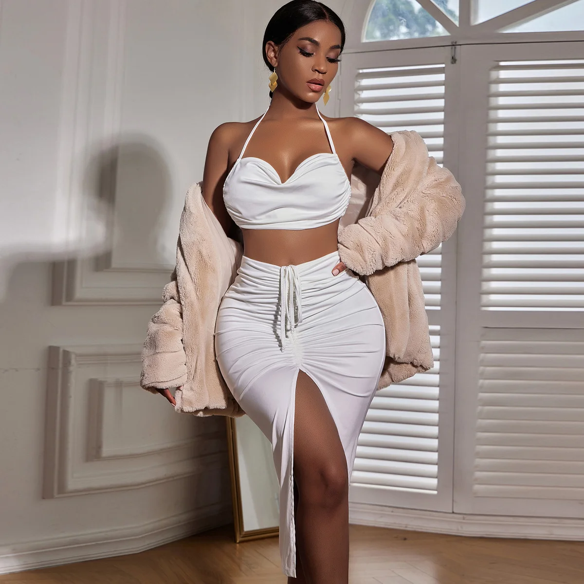 

Women Dress Sets Sexy Sleeveless Pile Collar Breast Wrap Camisole High Waist Drawstring Pleated Skirt Suit White Elegant 2pc Set