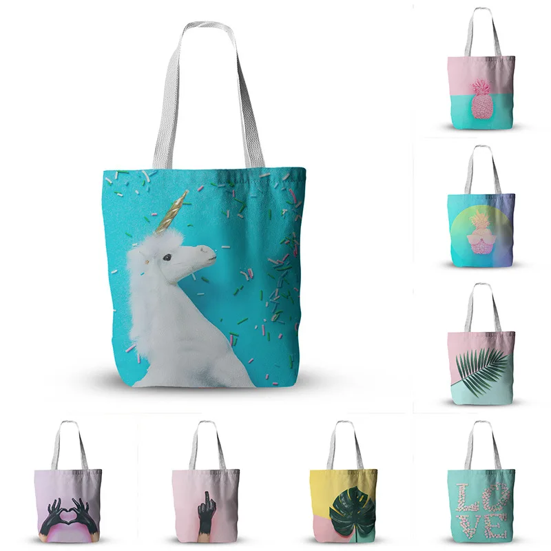 

Hot Sale Unicorn Print Canvas Tote Bag Harajuku Ins Style Cute Shopping Bags for Women Graphic Large-capacity Shoulder Bag